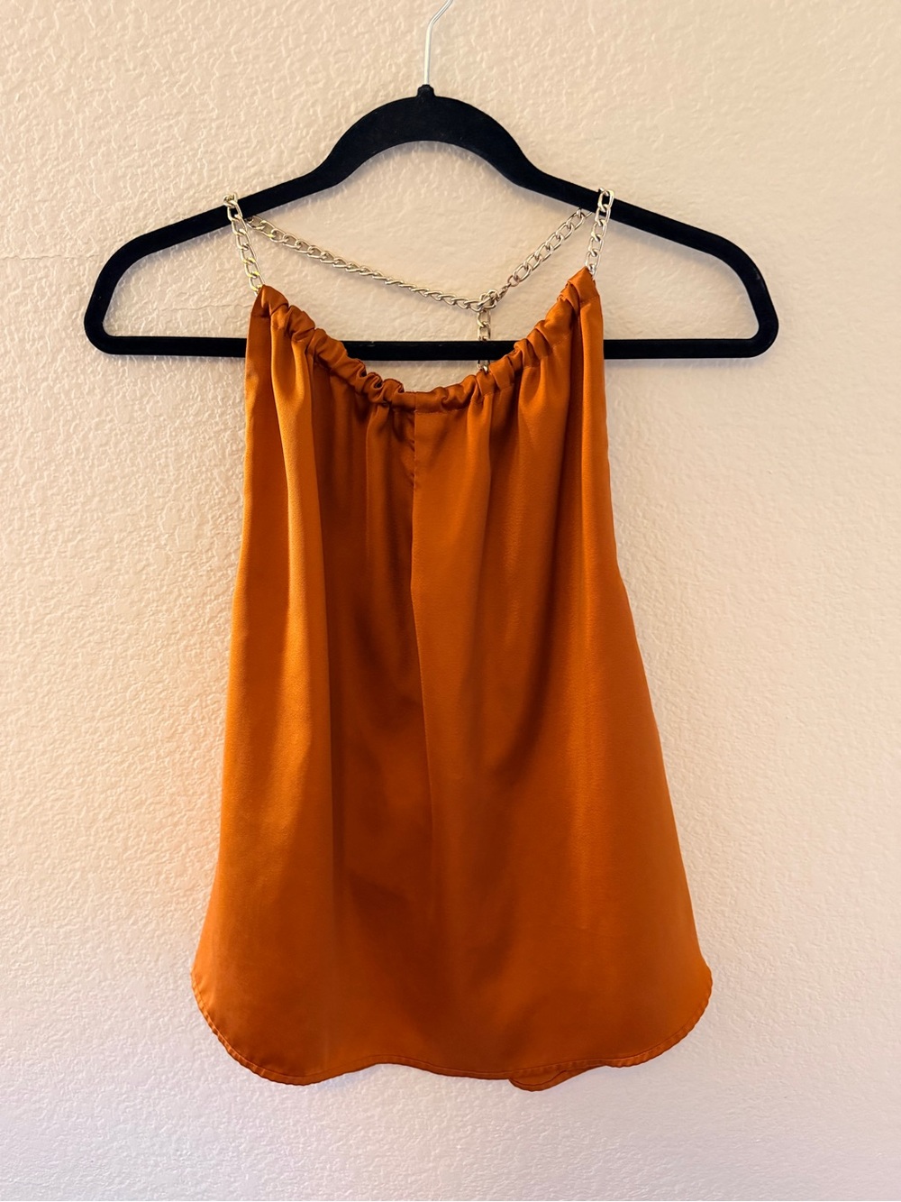 Women's Orange Satin Halter Tank with Chain Straps